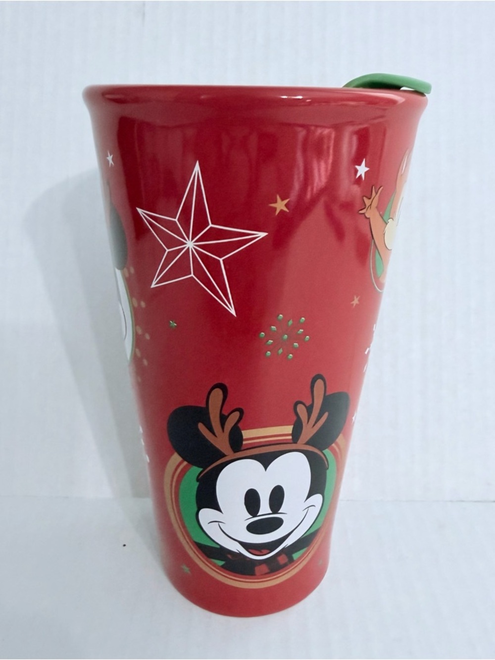 Disney Parks Christmas Mickey Reindeer Red Ceramic Travel Tumbler